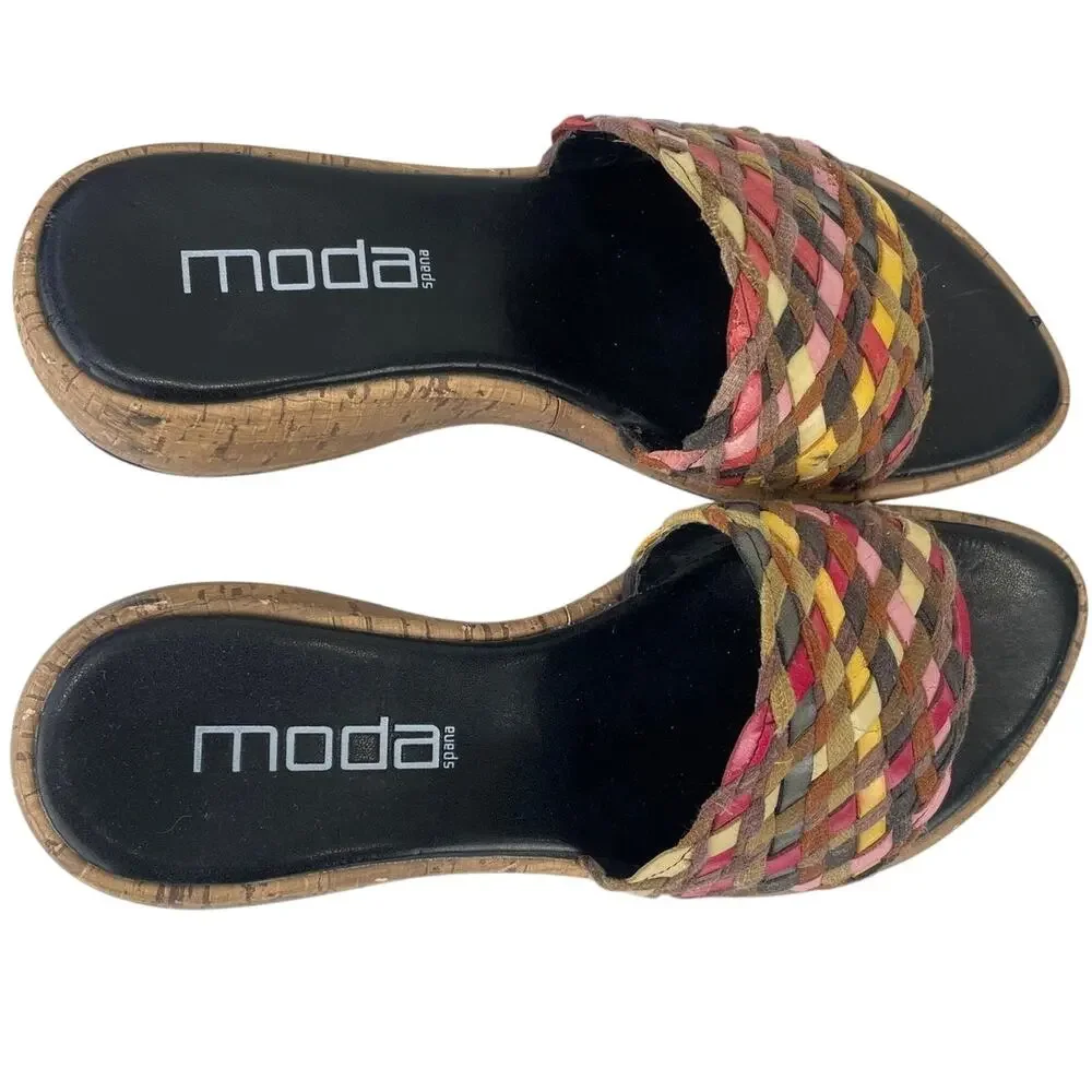 Moda Spana Women's Woven Multicolor Wedge Sandal Brown Pinks Yellow Cream S 7.5